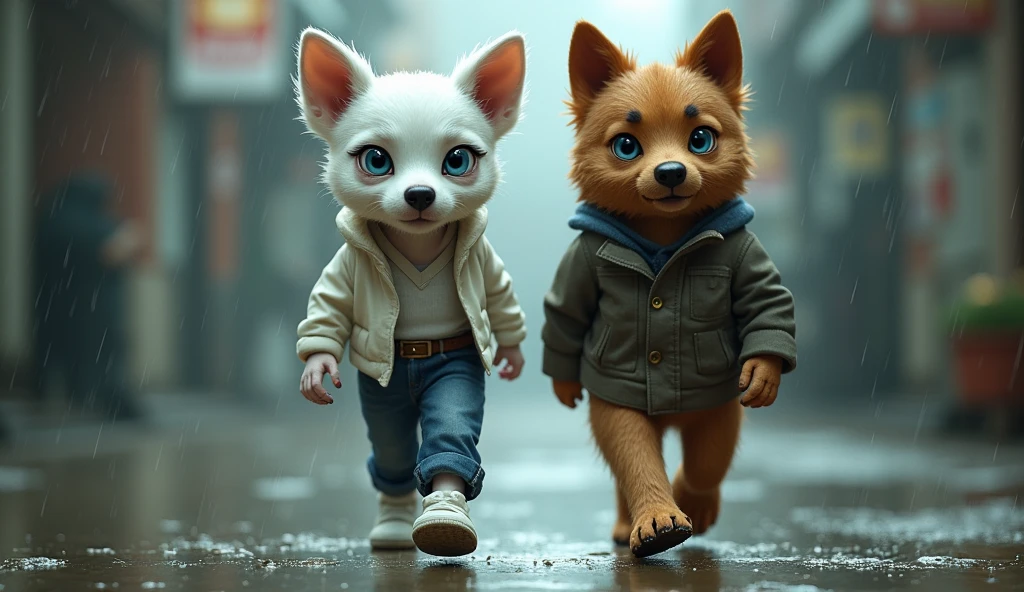 A bony white female dog and blue eyed brown male dog walking like human, they are dressed in a white blouse and jeans, walking in the rain
tip: realistic skin texture