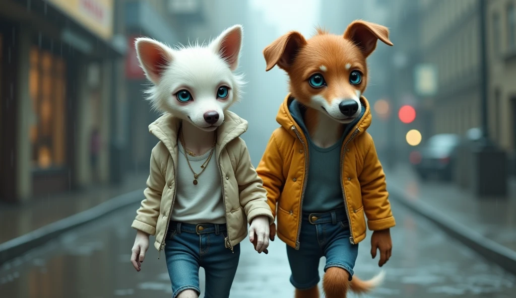 A bony white female dog and blue eyed brown male dog walking like human, they are dressed in a white blouse and jeans, walking in the rain
tip: realistic skin texture