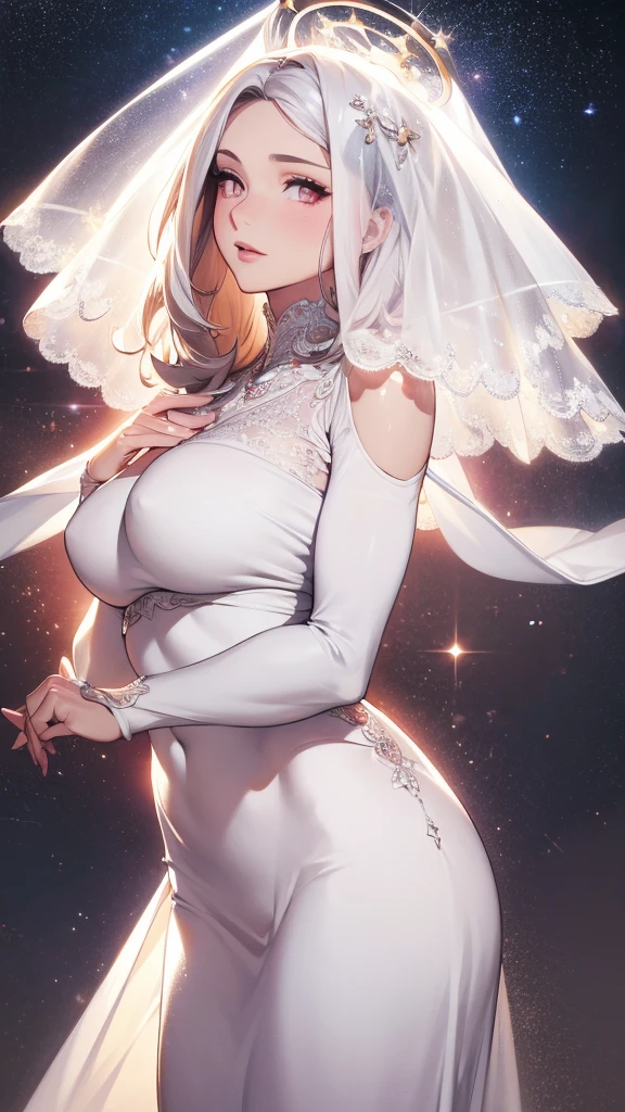 High resolution, masterpiece, necessary, anatomically correct, The best quality, detail, HD Model, high quality, A woman. Pale skin, plump pink lips, slim, , Semi-wide hips, small waist, White hair, Bob cut hair, half white hair, Long hair, straight hair, Goddess, vestido negro de cualto elegant, elegant, standing, long white veil, velo elegant con detalles dorados, alone, starry background, bright halo, hands together. white eyes without pupils, without iris. ((foreground)) ((looking at the viewer))