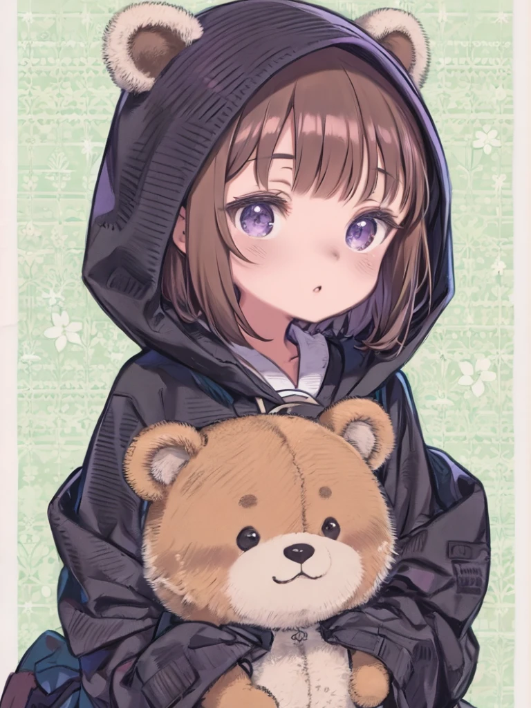 bangs bangs、bangs、ぱっちりとしたbangs、Long brown hair、Wearing a dark brown bear hood、茶髪ロングのChibi Character、Wearing a dark brown bear ear hooded blanket、Purple eyes、Purple betta background、Chibi Character、Holding a teddy bear、Bear face hood,美しいPurple eyes、
