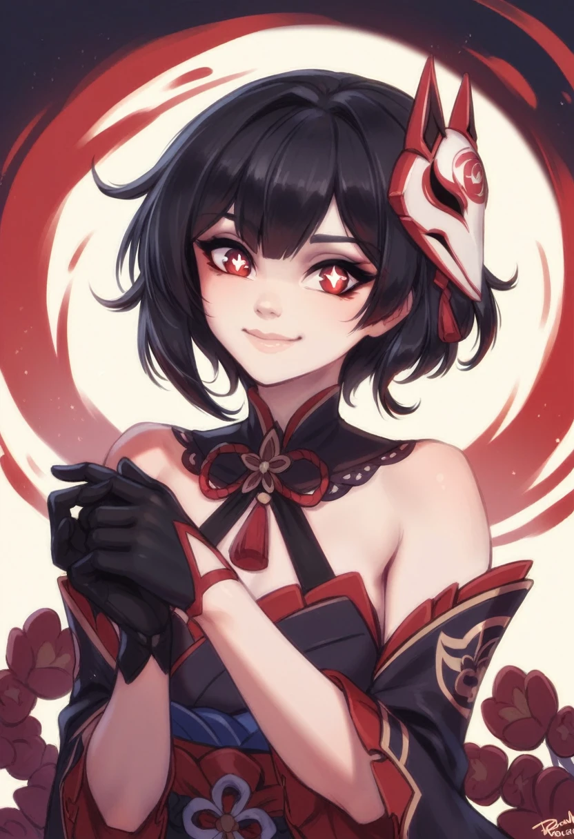 By personalami. sparkle \(honkai: star rail\),1girl,solo,gloves,mask,japanese clothes,black gloves,bare shoulders, black hair red line hair, red eyes, evil lover yandere flower pupils, evil smile grab own face