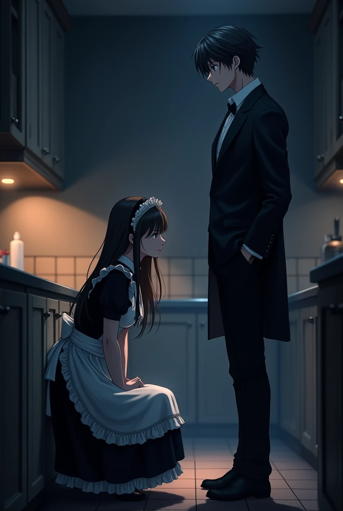 couple, woman, maid, kneeling, in the kitchen, at night, anime, full body shot, on left, man, butler, standing, on right, darkness