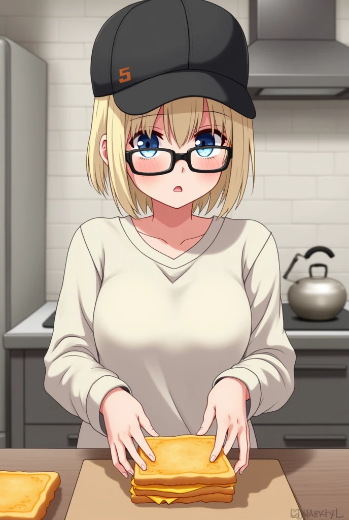 Fille qui a les cheveu blond platine court attachés en queue de cheval avec une casquette noir et aux yeux bleu et lunettes noir entrain de faire un croque monsieur ennuyé