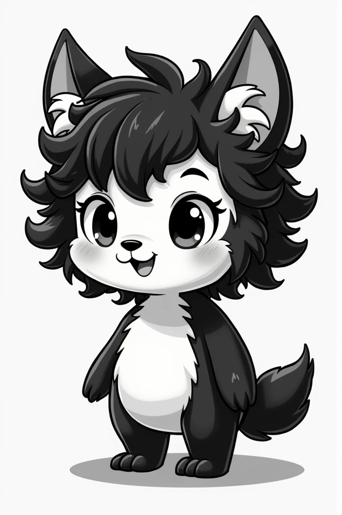 a cute with curly black hair and funny ears in black and white as a animated movie character