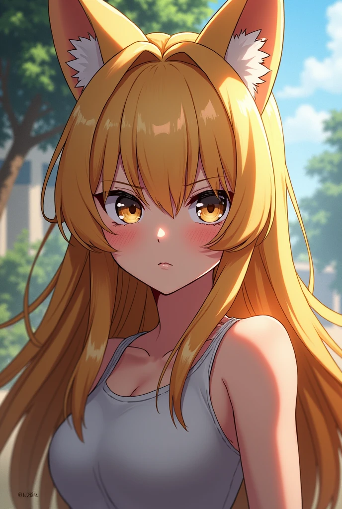 Girl with blonde hair and a serious expression on her face with wolf ears and wolf tail anime animation line best quality and best effects best shadows best lighting 8k