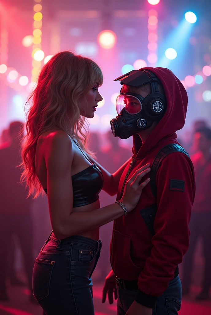 Taylor Swift, realistic, big breasts, full body, microphone & Young Star-lord with red hoodie, headphones, Star-lord helmet, rocket boots, gas helmet, covered mouth, round red eyes, front cover, touching the Dj, party, round eyes, free air