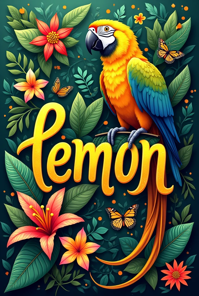 Write the letters LEMON and as background decoration put mainly the macaw and heliconia. You can also add more animals and flowers from the Ecuadorian Amazon.