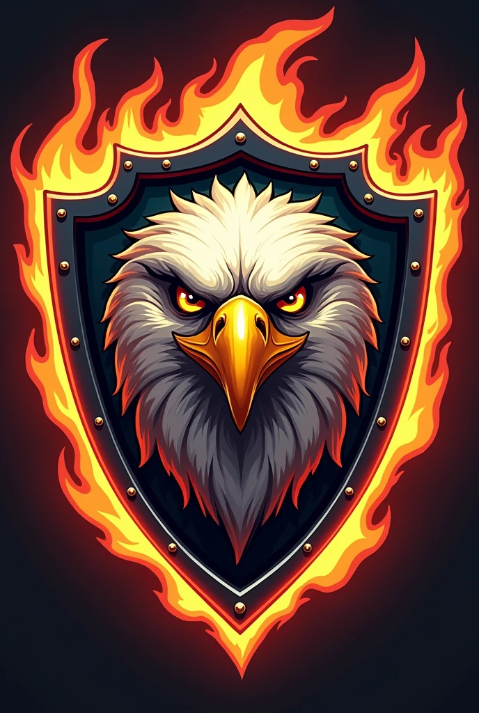 Create a cartoon image of an eagle&#39;s face inside a shield, in the shape of a rock team emblem with flames surrounding the shield