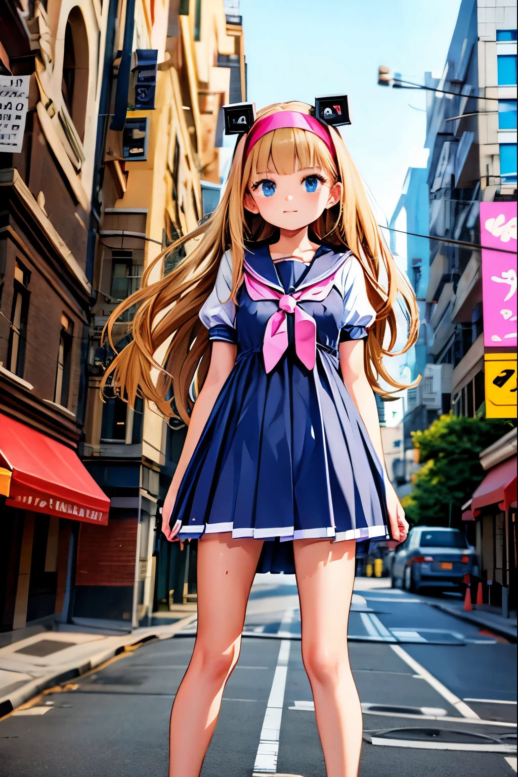 anime girl in a dress and headband standing in front of a building, digital cyberpunk anime art, digital cyberpunk - anime art, anime cyberpunk art, cyberpunk anime girl, cyberpunk anime girl mech, anime style 4 k, best anime 4k konachan wallpaper, cyber school girl, cyberpunk anime art, portrait anime space cadet girl, anime girl of the future, dreamy cyberpunk girl