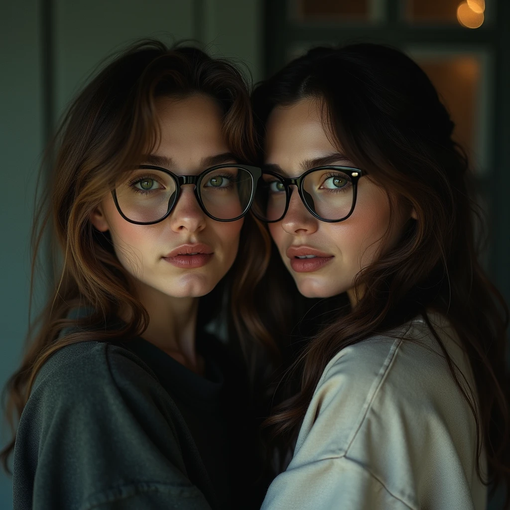full body, a beautiful 2 woman, light brunette, close-up, girl next door, baggy clothes, makeup, lips, glasses, night, messy hair, film grain, retro, Porta 160 color, shot on ARRI ALEXA 65, sharp focus on subject, Fujifilm XT-3