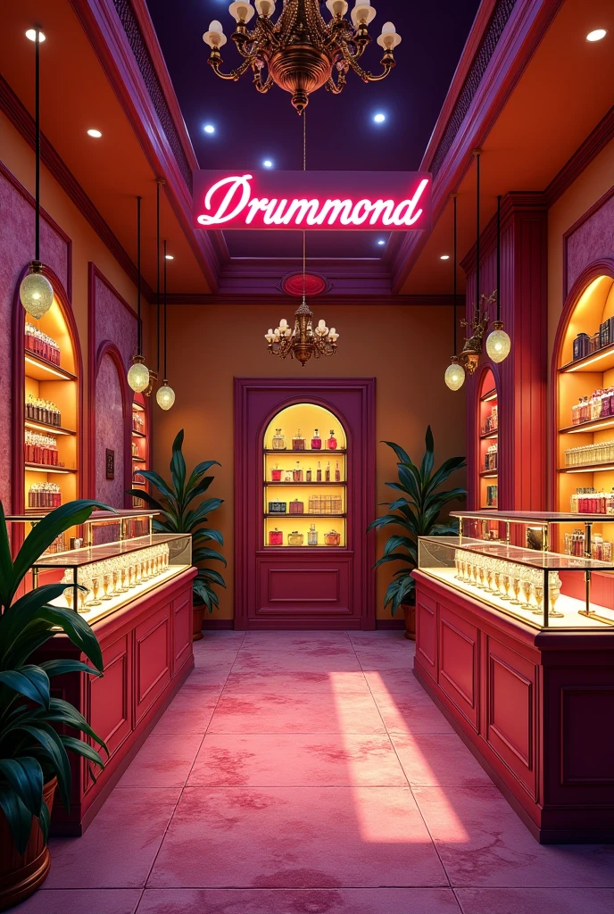 Create a closed perfumery with purple colors,yellow pink and red with sign saying Drummond in cursive writing