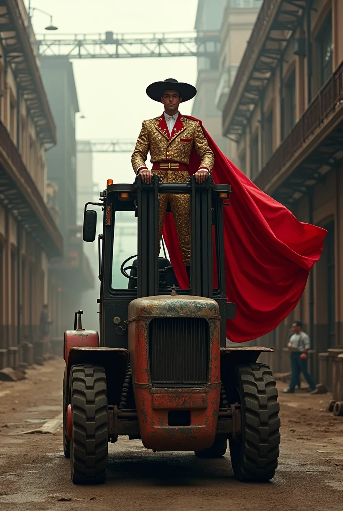 generates an image of a bullfighter in a forklift