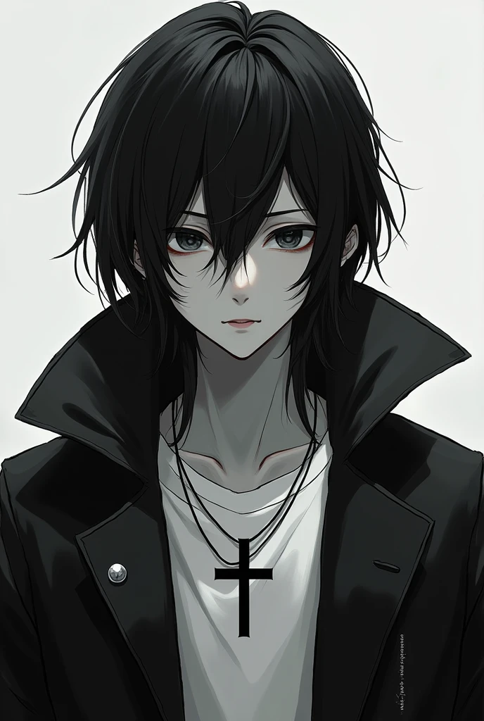 Boy with long black hair and black eyes, white t-shirt, black jacket with cross on neck 