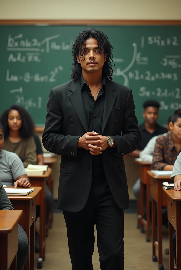 black michael jackson teaching math in a classroom in a square image focus in michael
