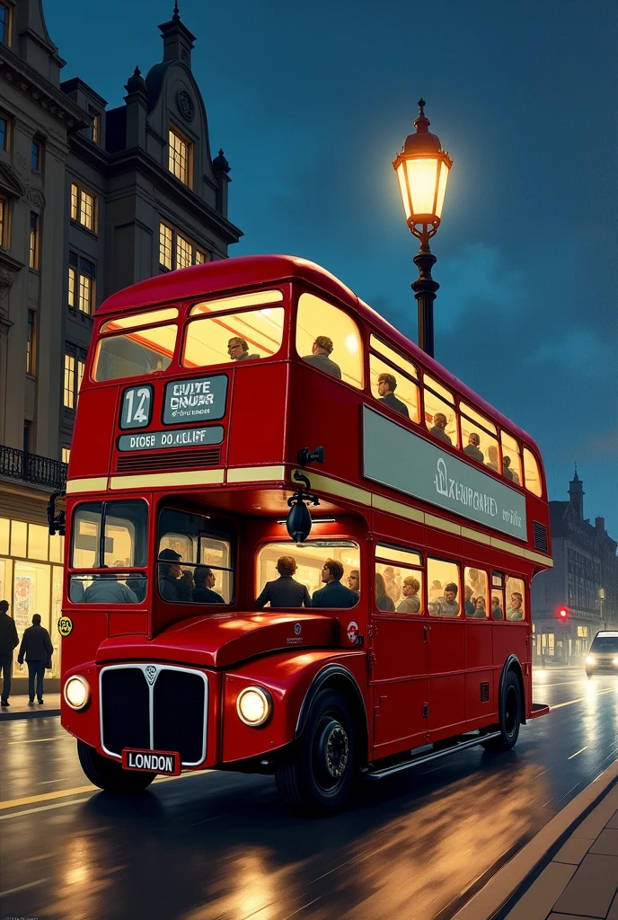 a double decker bus driving down a street at night with people on it's side and a lamp post in the background, extremely detailed oil painting, a photorealistic painting, photorealism, Dan Mumford
