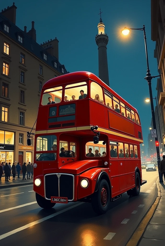 a double decker bus driving down a street at night with people on it's side and a lamp post in the background, extremely detailed oil painting, a photorealistic painting, photorealism, Dan Mumford