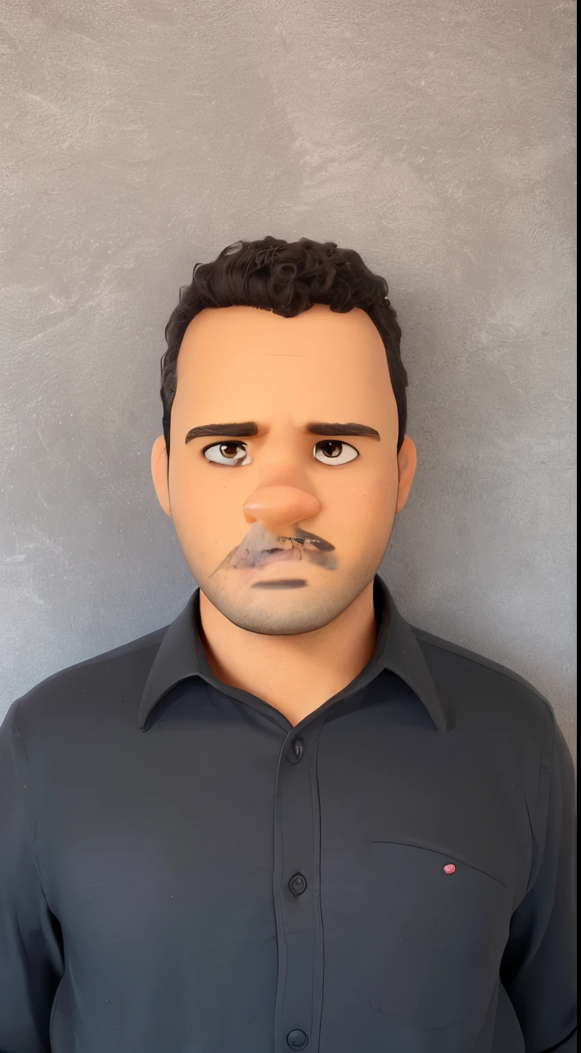 Create a 3D Disney Pixar-style portrait poster with a clean look and neutral background of a 30-year-old black man, confident expression, big dark eyes, soft strokes, big forehead, shorth hair, dark brown and wavy, scruffy beard, black dress shirt,n high quality, best qualityer