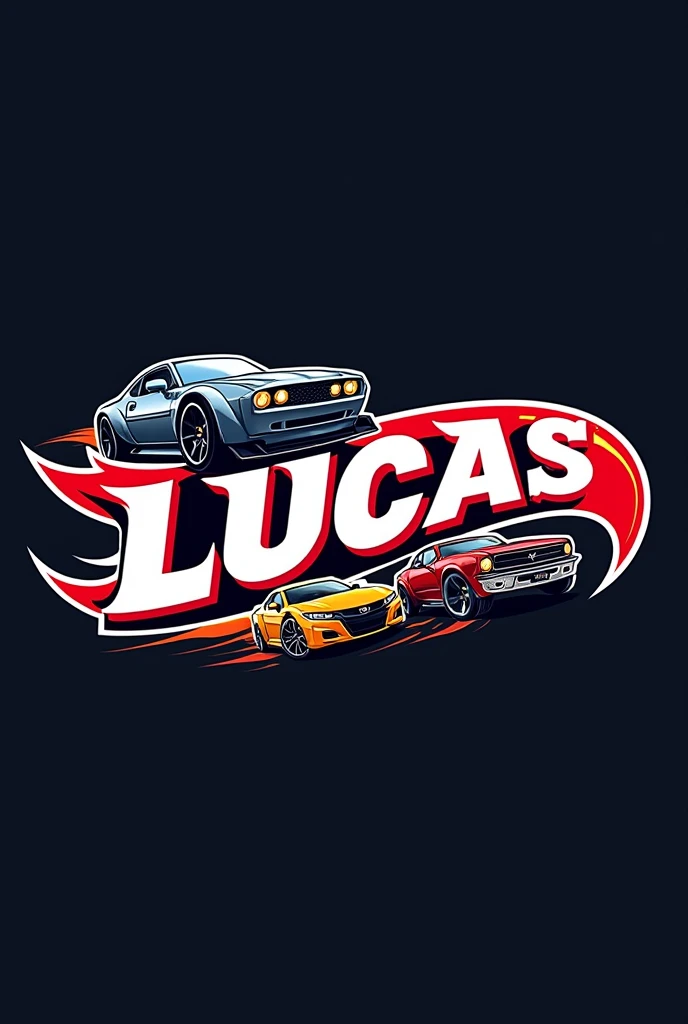 Create a logo, with the hotweels typography that has the word lucas as the main one and "hero"  as a secondary phrase, that the logo has images of vehicles and can be easily cut out 