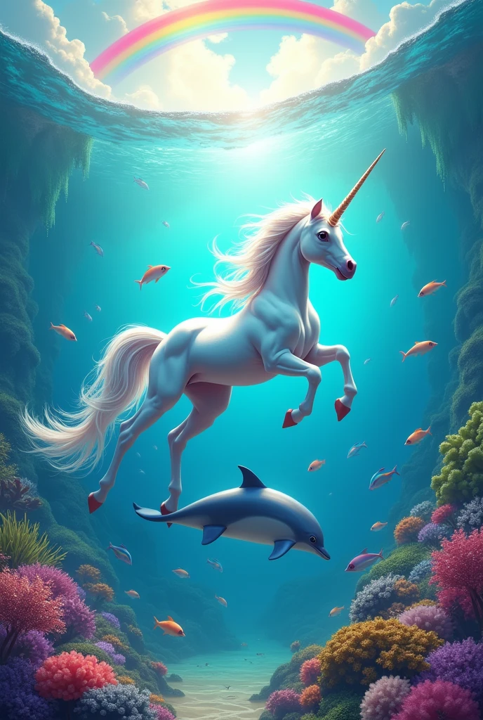 A unicorn and a dolphin in the sea but outside with many colors and a rainbow