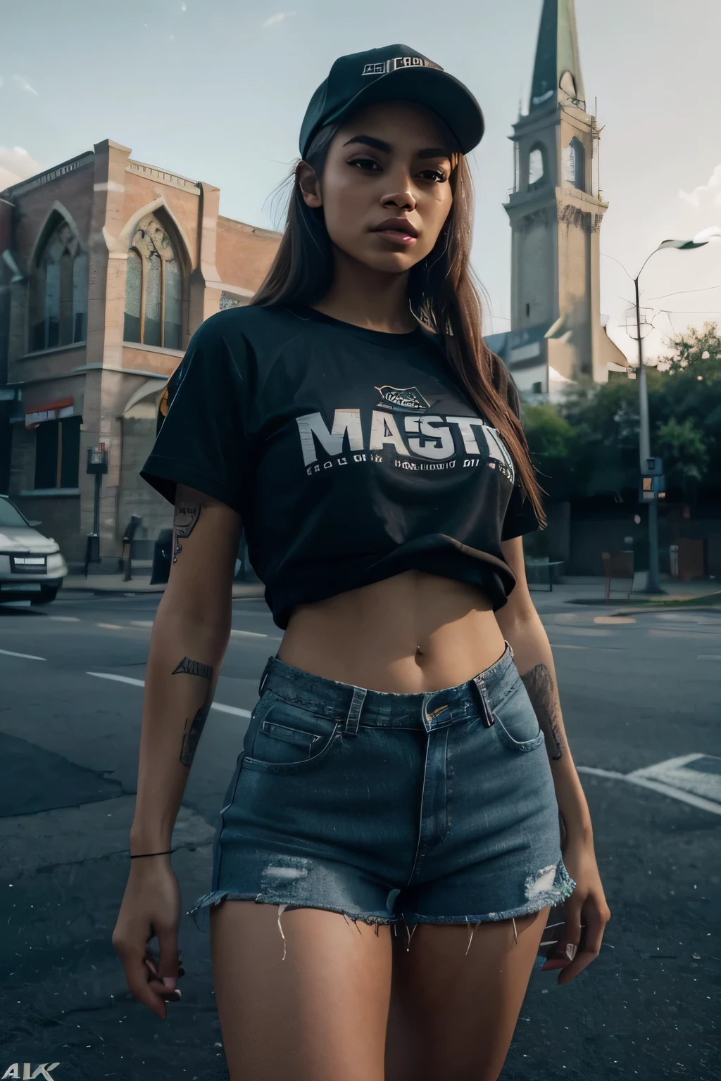 a light-skinned girl with beautiful detailed eyes,beautiful detailed lips,extremely detailed face,long lashes,tattoos,wearing a cap,long sports shirt,blue denim shorts,tennis shoes,standing in front of a church,trash in the streets,smoking,(best quality,4k,8k,highres,masterpiece:1.2),ultra-detailed,(realistic,photorealistic,photo-realistic:1.37),cinematic lighting,dramatic atmosphere,moody colors,urban environment,gritty realism