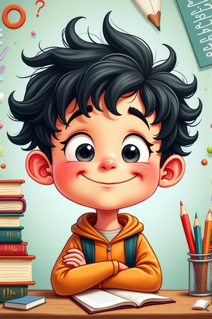cartoon school little kid boy with black curly hair and funny ears