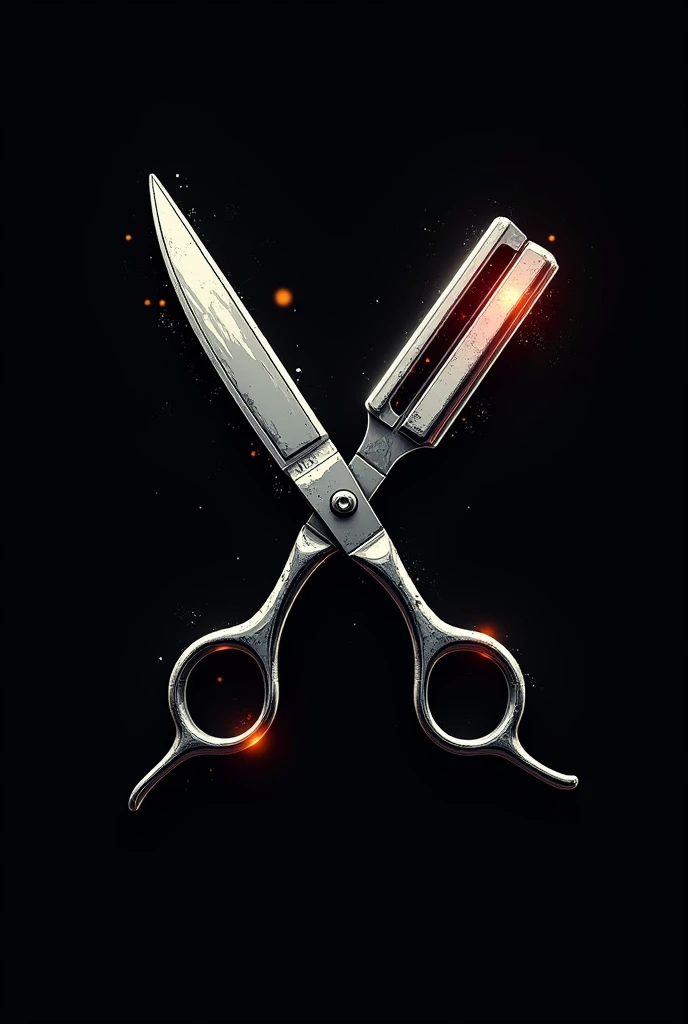 generates a logo with a black background and crossed barber scissors with gray barber razors, with graffiti style and barbershop lights