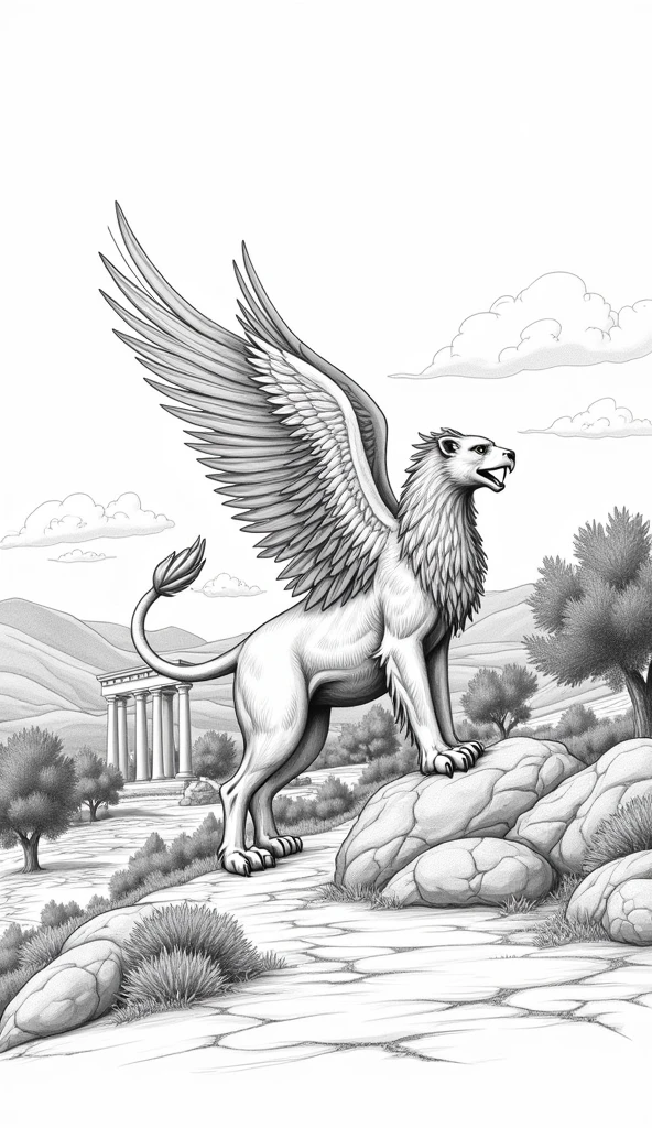 black and white graphite drawing, monochrome line drawing:1.5, Greek landscape scenery, light dark, griffin from Greek mythology