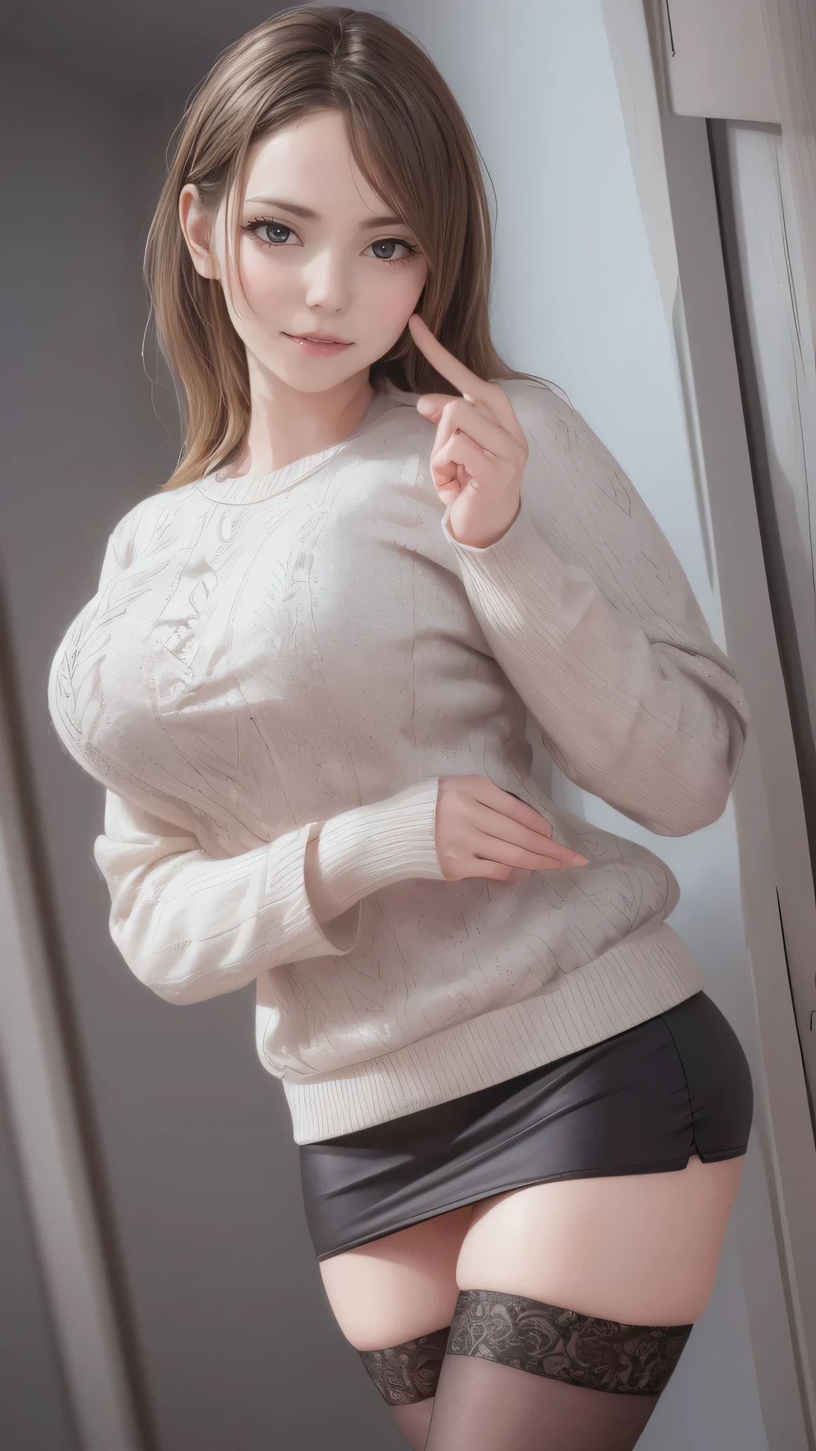 (random pose),(Highest image quality,(8k),ultra-realistic,best quality, high quality, high definition, high quality texture,high detail,beautiful detailed,fine detailed,extremely detailed cg,detailed texture,a realistic representation of the face,masterpiece,Sense of presence),sweater,tight mini skirt,stockings,Engineer boot