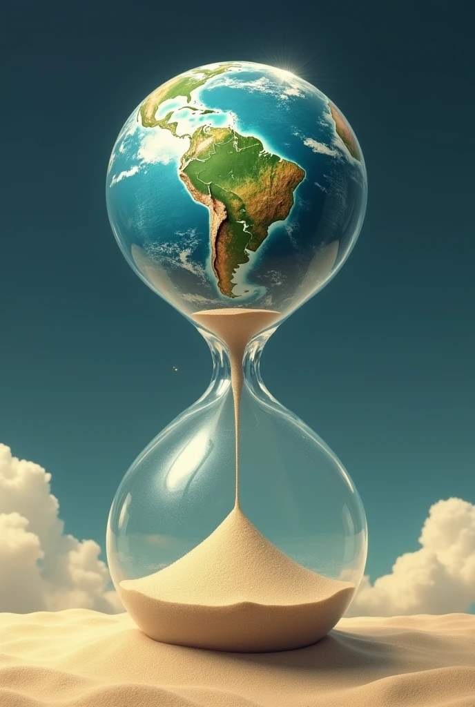 Creative poster 11 inches wide and 17 inches long, on earth inside an hourglass, but the bottom of the hourglass is just sand