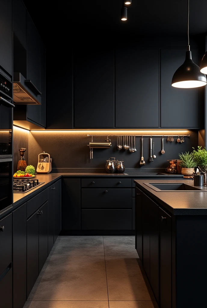 Black kitchen with lighting and utensils 