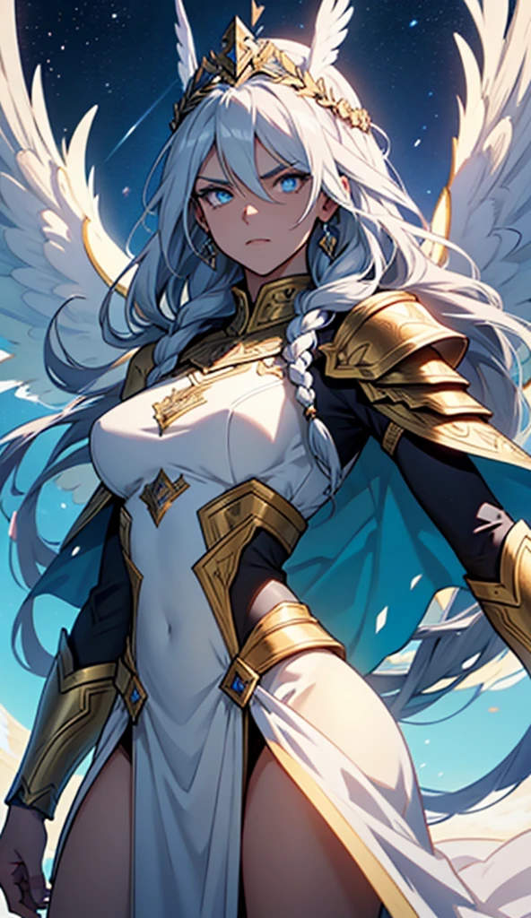 A detailed line art image of a Valkyrie-style anime girl. She has long, flowing hair cascading down her back, adorned with intricate braids and a small winged headpiece that resembles a crown. Her armor is sleek yet ornate, featuring angular plates with sharp edges and delicate engravings, especially on the chest and shoulder pads. The armor is fitted, highlighting her slender yet strong physique, with a flowing cape attached at the shoulders, billowing out dramatically. She wields a long, elegant spear with a sharp, gleaming tip, and her expression is fierce and determined. Her eyes are large and intense, capturing the ethereal and powerful essence of a warrior from the heavens. Behind her, faint lines suggest the wings of a Valkyrie, giving her a majestic and divine appearance