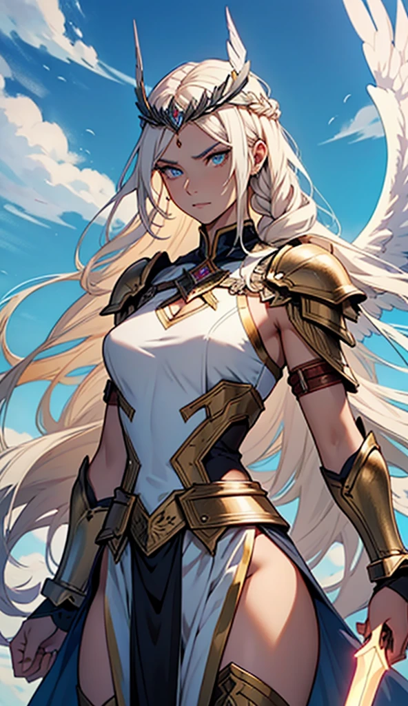 A detailed line art image of a Valkyrie-style anime girl. She has long, flowing hair cascading down her back, adorned with intricate braids and a small winged headpiece that resembles a crown. Her armor is sleek yet ornate, featuring angular plates with sharp edges and delicate engravings, especially on the chest and shoulder pads. The armor is fitted, highlighting her slender yet strong physique, with a flowing cape attached at the shoulders, billowing out dramatically. She wields a long, elegant spear with a sharp, gleaming tip, and her expression is fierce and determined. Her eyes are large and intense, capturing the ethereal and powerful essence of a warrior from the heavens. Behind her, faint lines suggest the wings of a Valkyrie, giving her a majestic and divine appearance