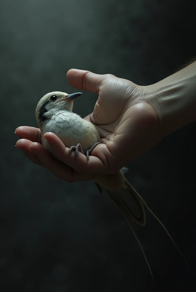a hand carrying and squeezing by the neck a fragile bird on a dark background