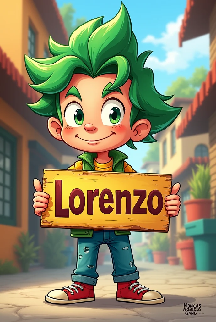 Cebolinha from Monica's gang holding a sign with the name Lorenzo