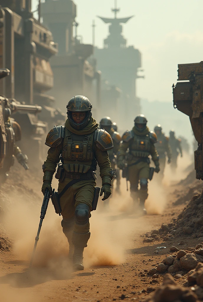 Create a highly realistic visual depiction of the Empire's cadet corps during a military exercise in a futuristic dieselpunk setting. The cadets are shown in action, wearing training uniforms that blend advanced technology with the rugged, industrial aesthetics of dieselpunk. They are engaged in various drills and maneuvers, under the supervision of commanding officers. The setting is a vast training ground with mechanical obstacles, smoke, and dust in the air, highlighting the intense and challenging nature of the exercise. The scene captures the discipline, focus, and camaraderie of the cadets as they prepare for their future roles in the military, with an emphasis on the functionality and artistry of their gear and environment.