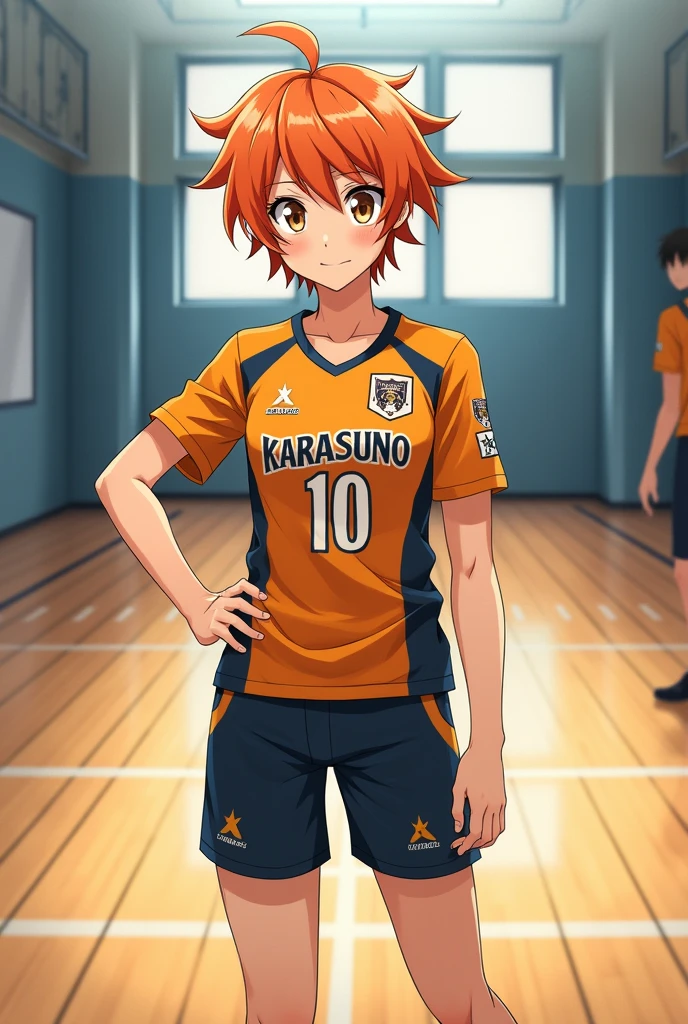 Haikiyuu, anime, gym, long, orange hair, light brown eyes, Karasuno team clothing with number 10.