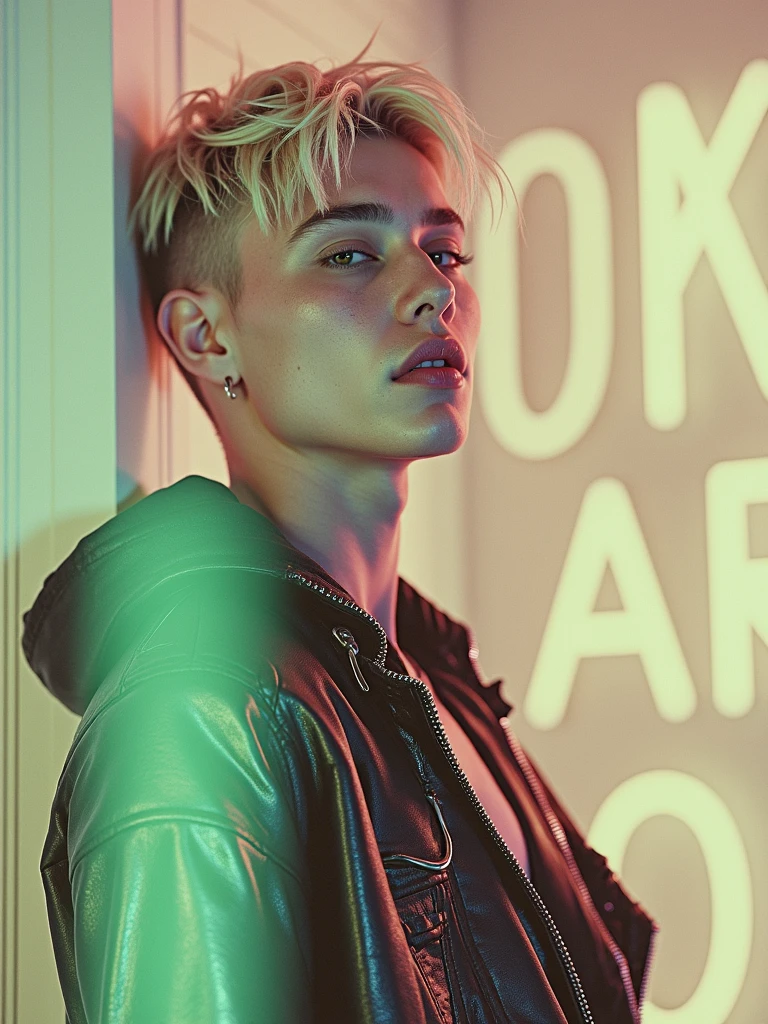 (Best Quality,4k,8k,High resolution,masterpiece:1.2),ultra detailed,sharp focus,(realist,photorealist,fotorrealista:1.37),Fotorrealist, low lighting, alone, Young man, 22 years, Pale skin, Model (skinny:1.3), (short layered platinum blonde hair:1.5), (black leather jacket:1.3), gothic punk clothing, incubus, sexy, (CNTX neon letters:1.4), strip club lighting, very detailed face bdsm background,extremely detailed facial features,hyper realist skin texture,extremely fine details,intricate details,
detailed eyes,detailed nose,detailed lips,Detailed facial expressions,intricate facial anatomy,intense lighting,dramatic lighting,lighting change,cinematic lighting,chiaroscuro lighting,dramatic shadows,dramatic moments,vivid colors,intense colours,Deep contrast,cinematic depth of field,cinematographic composition,cinematic camera angle