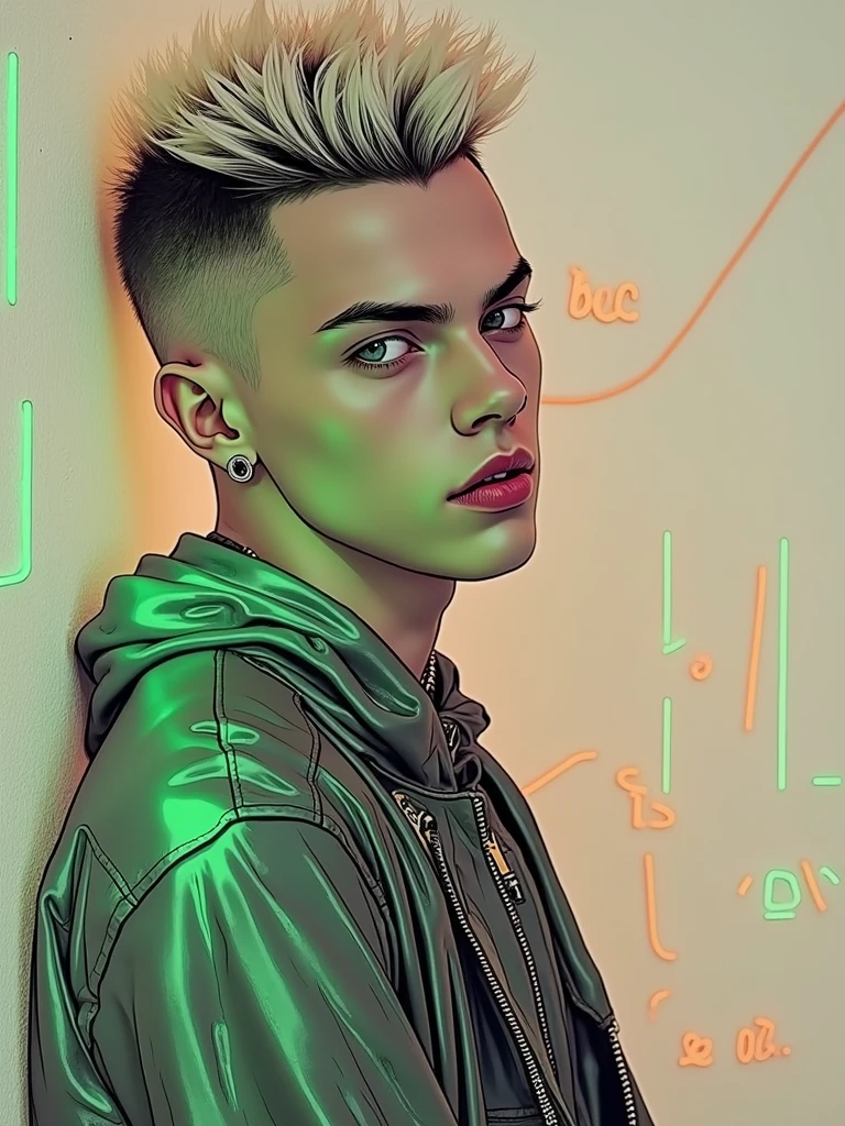 (Best Quality,4k,8k,High resolution,masterpiece:1.2),ultra detailed,sharp focus,(realist,photorealist,fotorrealista:1.37),Fotorrealist, low lighting, alone, Young man, 22 years, Pale skin, Model (skinny:1.3), (short layered platinum blonde hair:1.5), (black leather jacket:1.3), gothic punk clothing, incubus, sexy, (CNTX neon letters:1.4), ????? club lighting, very detailed face bdsm background,extremely detailed facial features,hyper realist skin texture,extremely fine details,intricate details,
detailed eyes,detailed nose,detailed lips,Detailed facial expressions,intricate facial anatomy,intense lighting,dramatic lighting,lighting change,cinematic lighting,chiaroscuro lighting,dramatic shadows,dramatic moments,vivid colors,intense colours,Deep contrast,cinematic depth of field,cinematographic composition,cinematic camera angle