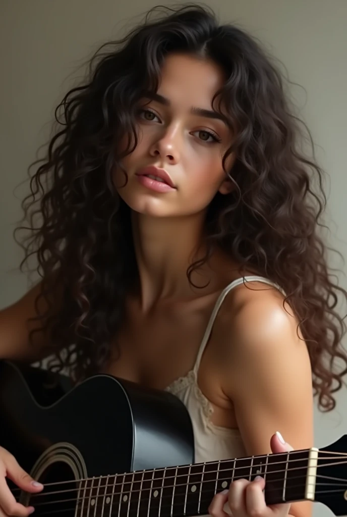 one with long curly hair and a dark brown curly hair thrown to the side 
, more or less light skin playing a black nylon guitar,
sexy teen oval face