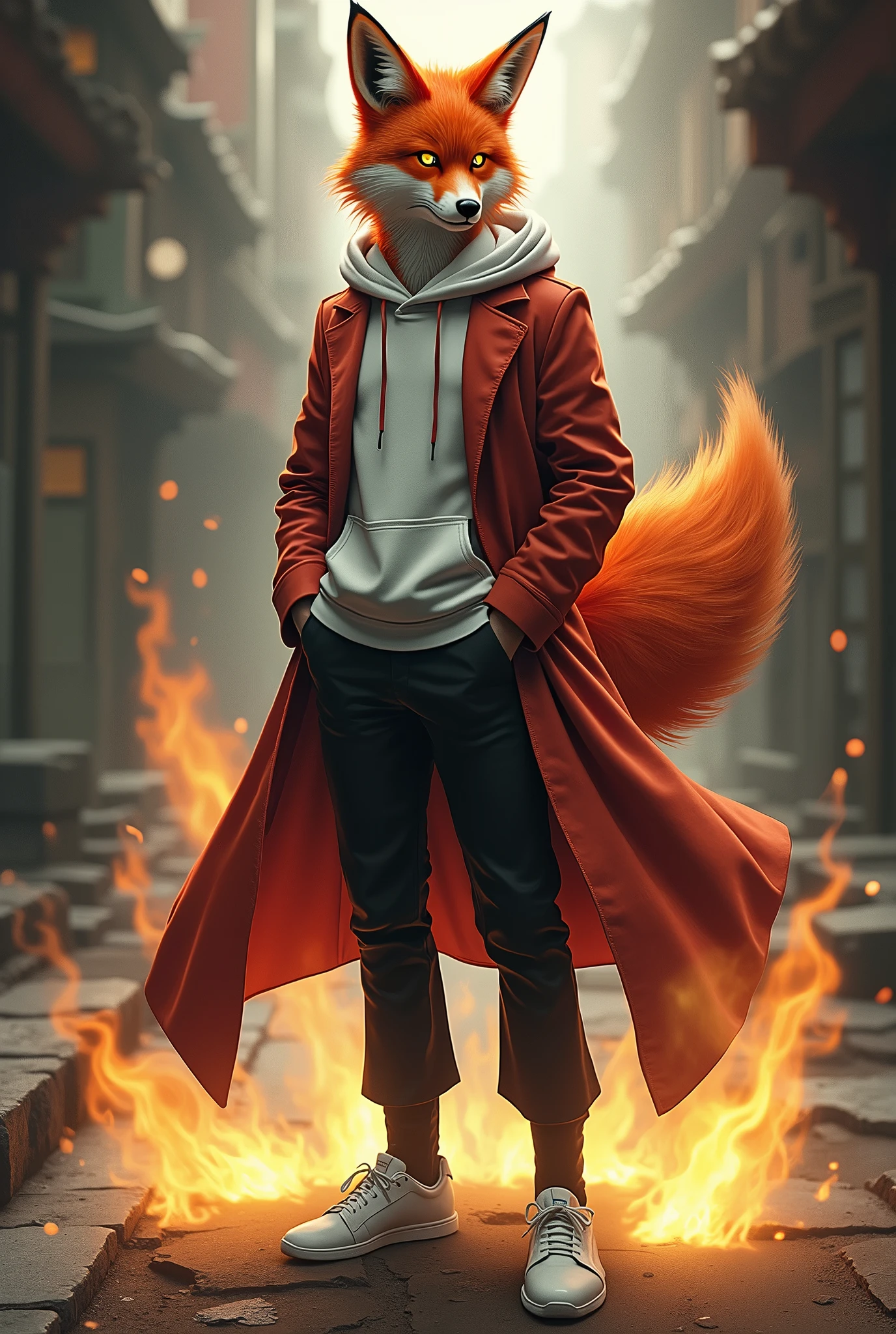 Kitsune Man, red-haired with bright yellow eyes, like topaz,with one big tail, vestindo uma calça social black,uma bota black,black,hoodie with hood white, white sweatpants, white sneakers.