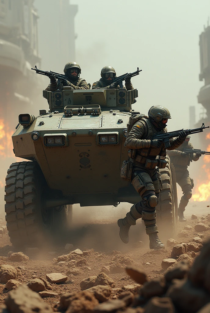 Create a highly realistic visual depiction of Empire cadet squads dispatching from an Infantry Fighting Vehicle (IFV) under enemy fire in a futuristic dieselpunk setting. The cadets are shown emerging from the heavily armored IFV, wearing advanced combat gear with rugged, industrial designs. The IFV itself is a formidable vehicle, equipped with rotating turrets and reinforced with thick, mechanical armor. The scene is chaotic, with explosions and enemy fire lighting up the battlefield as the cadet squads move quickly to take cover and return fire. The setting is a war-torn environment, filled with debris and smoke, emphasizing the intensity of the situation and the cadets' readiness to face the challenges of combat. The art style should capture the gritty, action-packed nature of the moment, focusing on the realistic design of the vehicles, weapons, and gear, while showcasing the dieselpunk aesthetic.