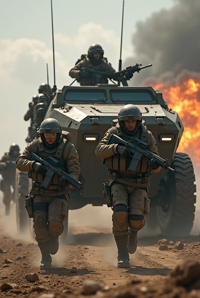 Create a highly realistic visual depiction of Empire cadet squads dispatching from an Infantry Fighting Vehicle (IFV) under enemy fire in a futuristic dieselpunk setting. The cadets are shown emerging from the heavily armored IFV, wearing advanced combat gear with rugged, industrial designs. The IFV itself is a formidable vehicle, equipped with rotating turrets and reinforced with thick, mechanical armor. The scene is chaotic, with explosions and enemy fire lighting up the battlefield as the cadet squads move quickly to take cover and return fire. The setting is a war-torn environment, filled with debris and smoke, emphasizing the intensity of the situation and the cadets' readiness to face the challenges of combat. The art style should capture the gritty, action-packed nature of the moment, focusing on the realistic design of the vehicles, weapons, and gear, while showcasing the dieselpunk aesthetic.