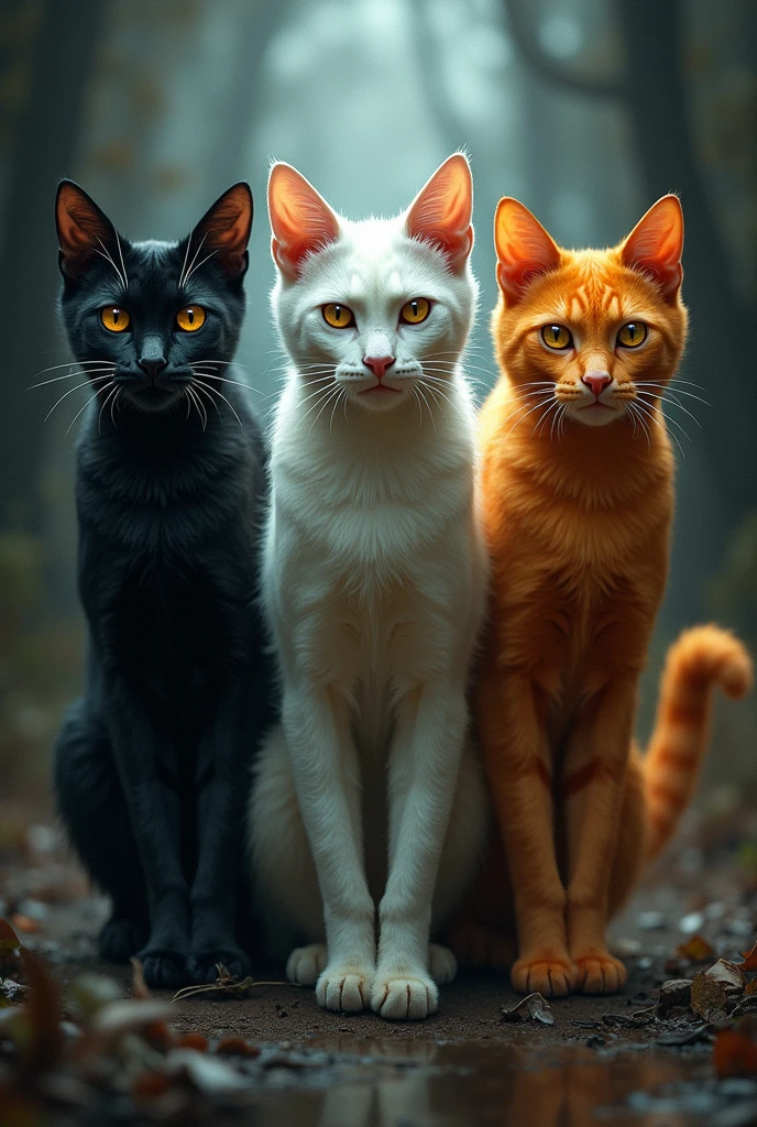 Three cats of different colors, forst, dark aura, piercing eyes, cunning appearance