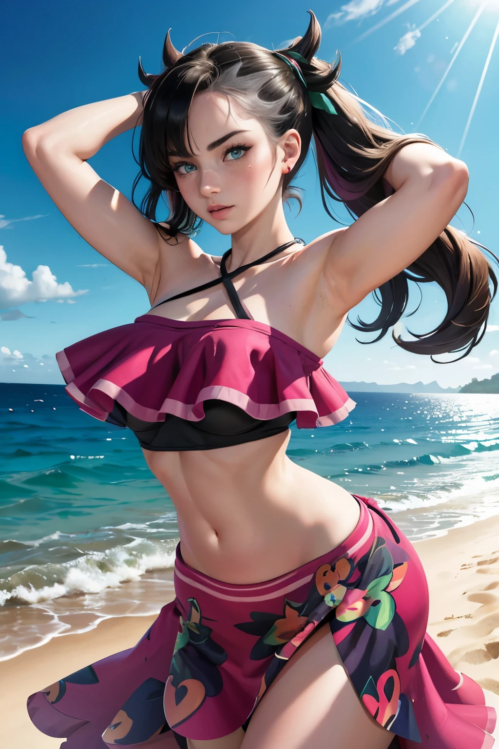 Realistic, 1girl, (panties), lush hair, purple eyes, glowing eyes, cropped top, skirt, bare shoulders, parted lips, blush, night, flowers, sun, sunlight, (shows his panties), (lifts the skirt up with his hands), white skirt, short skirt, medium-length hair, real, warm colors, white short dress, white clothes, light background color, daytime environment, bright color background, saudi, ocean, cute,