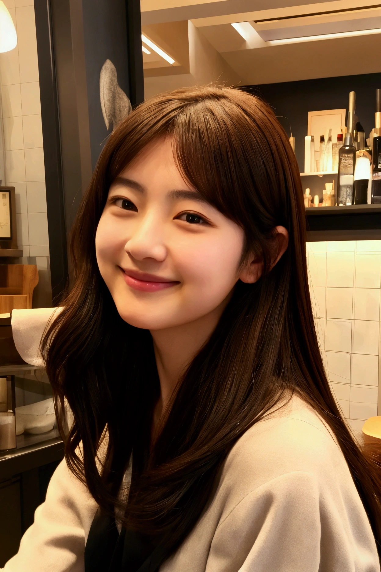 Highest quality、Japanese、1、Brown Hair、cute、private、(1 person)、(slender:1.2)、(Black camisole:1.2)、Cafe、smile、Resting one's chin on one's elbow