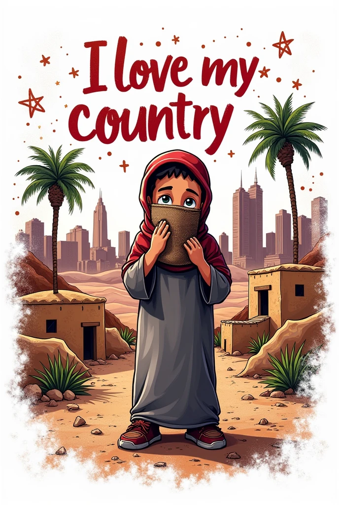 Abstract graffiti style drawing of the logo "I Love My Country". The logo is a cartoon image of a Qatari boy covering his face with a burlap sack and wearing a traditional dress underneath, with traditional mud houses in the background, with mountains, a palm tree and the capital Doha with buildings in the background. The background is vibrant white. The graffiti style includes elements such as stars, desert and swirls. The logo also has the text "Qatar" in the middle of the image
