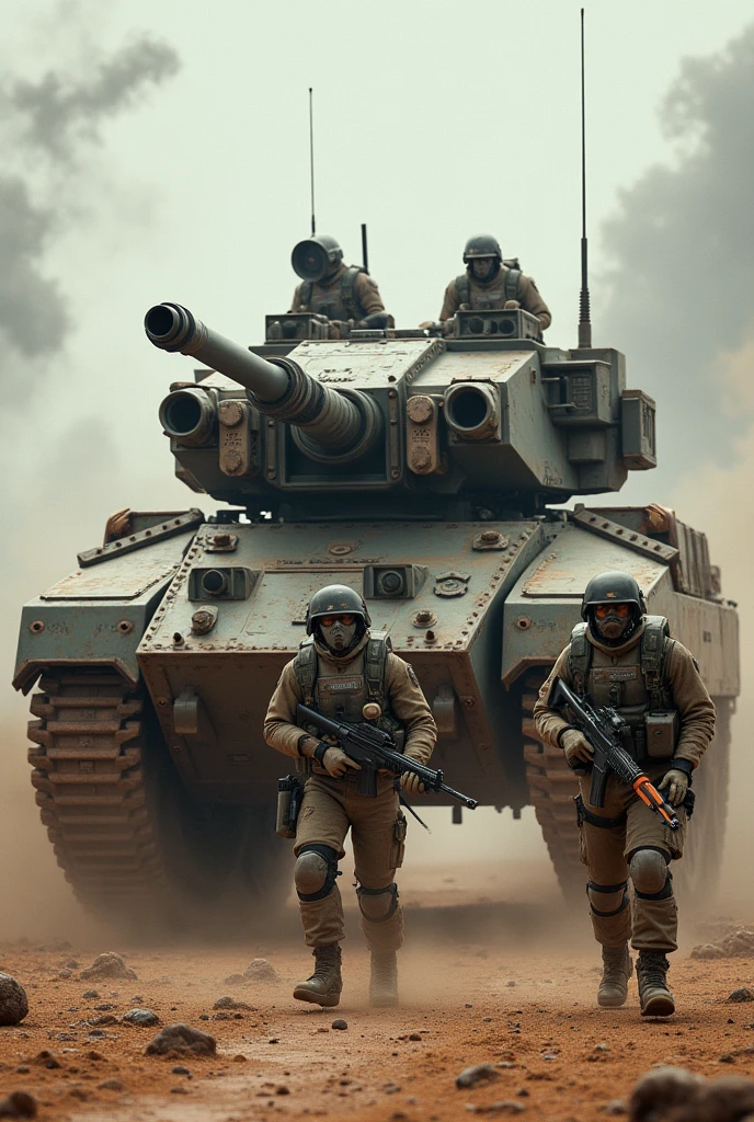 Create a highly realistic visual depiction of the Empire's main battle tank accompanied by an infantry squad during a military exercise in a futuristic dieselpunk setting. The main battle tank is a massive, heavily armored vehicle with a rugged, industrial design, featuring mechanical components, reinforced plating, and large, rotating cannons. The infantry squad is shown moving alongside the tank, equipped with advanced weapons and armor that blend functionality with dieselpunk aesthetics. The setting is an expansive training ground, filled with obstacles, smoke, and debris, emphasizing the intensity of the exercise. The scene captures the coordination and power of the Empire's forces as they maneuver through the challenging environment, with a focus on the realistic design of military equipment and the gritty, industrial atmosphere.