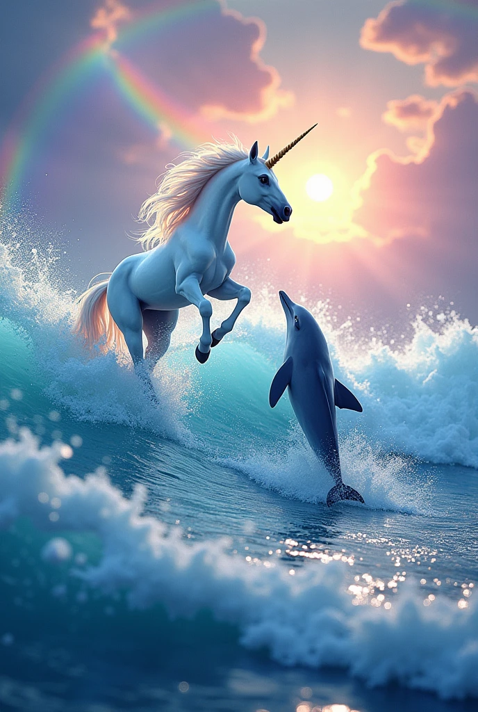 A unicorn and a dolphin in the sea but jumping the waves with many colors and a rainbow