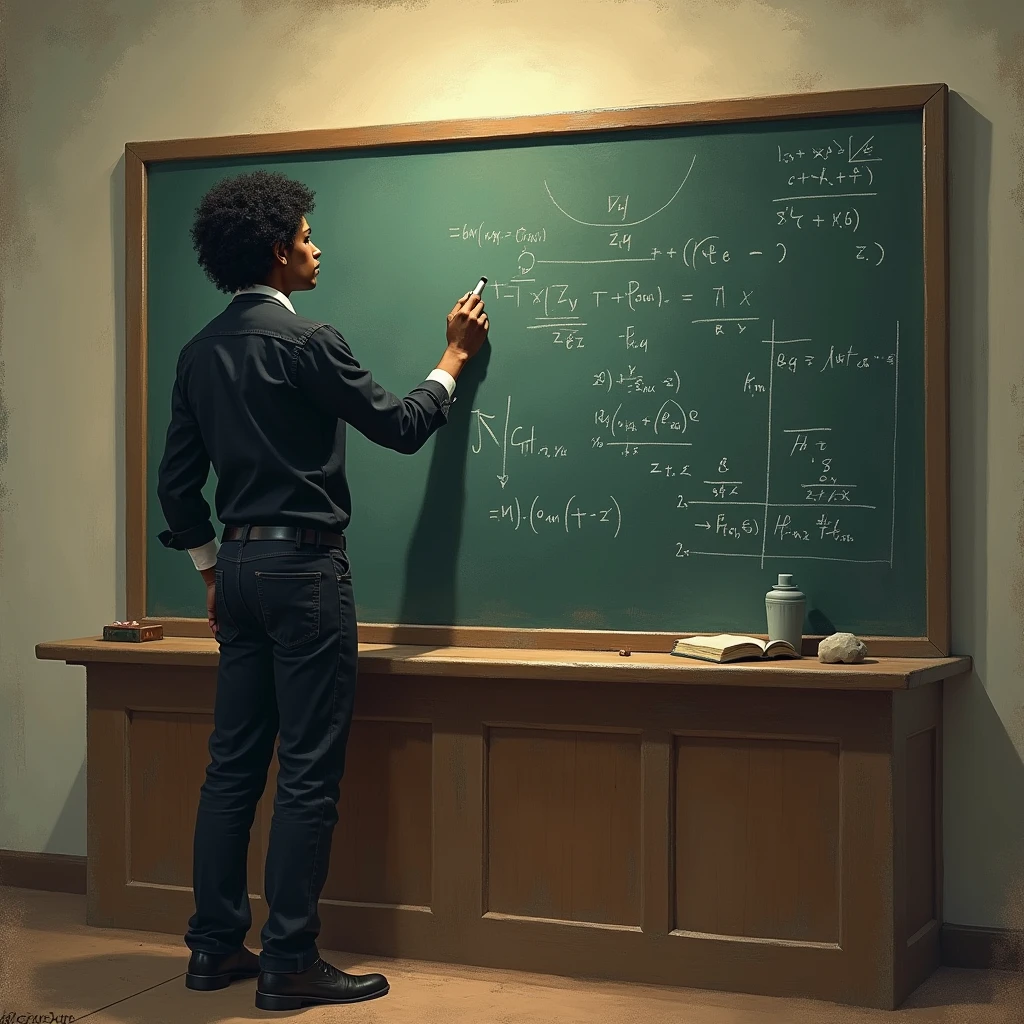 black michael jackson teaching math in blackboard with chalk 