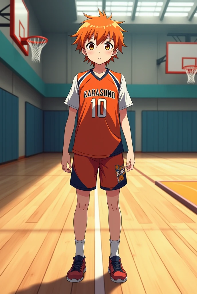 Haikiyuu, anime, gym, long, orange hair, light brown eyes, Karasuno team clothing with number 10.